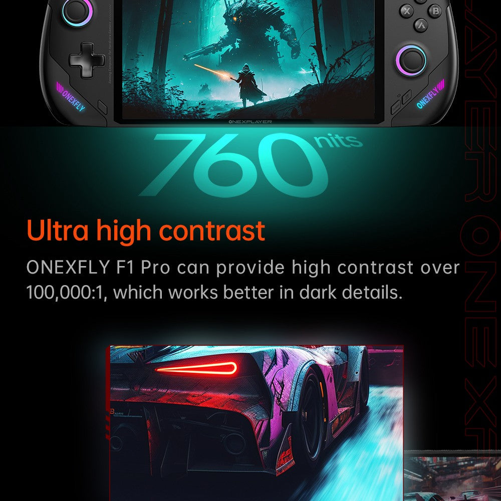 Herní konzole ONE Netbook OneXFly F1 Pro, 7" OLED displej s rozlišením 1920*1080, procesor AMD Ryzen AI 9 HX 370, 12jádrový procesor s frekvencí max. 5,1 GHz, obnovovací frekvence 144 Hz, 32 GB RAM LPDDR5x, 2 TB SSD disk PCle 4.0, zvukový systém Harman, 2 porty USB-C 4.0, 1 port USB-A 3.0, 1 slot pro TF kartu, 1 audio vstup.