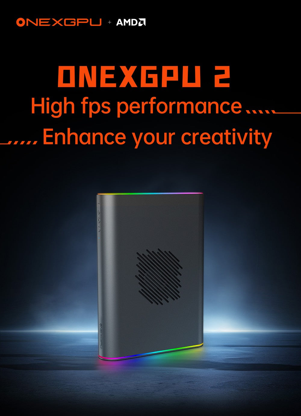 Dokovací stanice ONEXGPU 2 eGPU pro jeden netbook s grafickou kartou AMD Radeon RX 7800M, 12 GB GDDR6 RAM, 192bitová procesorová jednotka, 1 port Oculink, 1 port USB-C 4.0, 2 porty USB 3.2, 1 port PCIe 3.0 SSD, 1 port RJ45, 1 port HDMI 2.1, 2 porty DP 2.0, 65W zpětné nabíjení, RGB světelné efekty