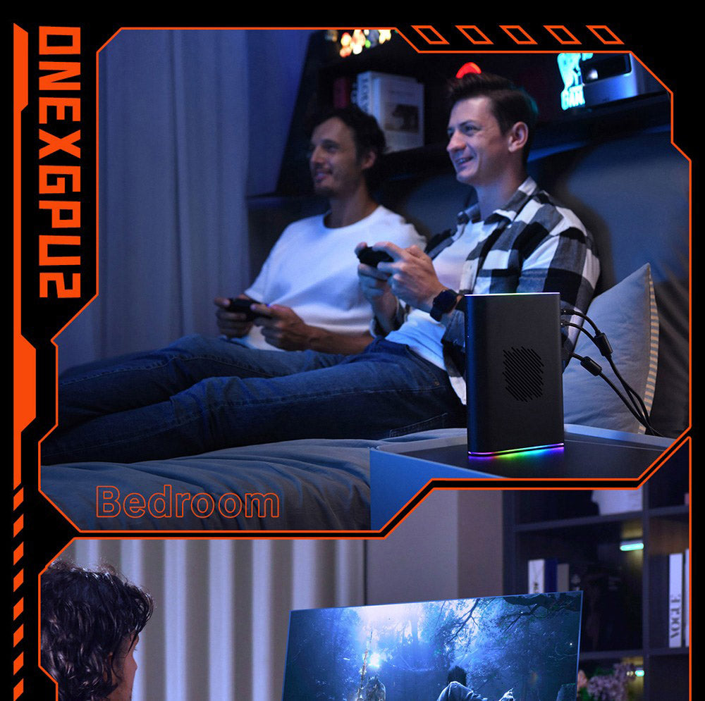 Dokovací stanice ONEXGPU 2 eGPU pro jeden netbook s grafickou kartou AMD Radeon RX 7800M, 12 GB GDDR6 RAM, 192bitová procesorová jednotka, 1 port Oculink, 1 port USB-C 4.0, 2 porty USB 3.2, 1 port PCIe 3.0 SSD, 1 port RJ45, 1 port HDMI 2.1, 2 porty DP 2.0, 65W zpětné nabíjení, RGB světelné efekty