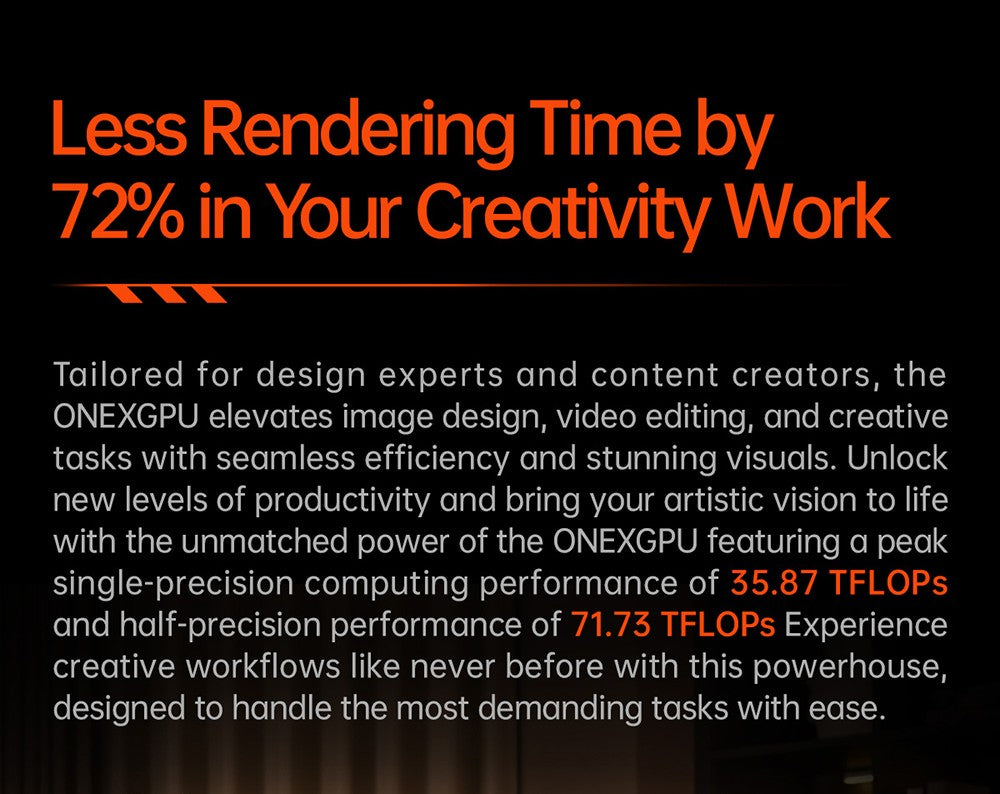 Dokovací stanice ONEXGPU 2 eGPU pro jeden netbook s grafickou kartou AMD Radeon RX 7800M, 12 GB GDDR6 RAM, 192bitová procesorová jednotka, 1 port Oculink, 1 port USB-C 4.0, 2 porty USB 3.2, 1 port PCIe 3.0 SSD, 1 port RJ45, 1 port HDMI 2.1, 2 porty DP 2.0, 65W zpětné nabíjení, RGB světelné efekty