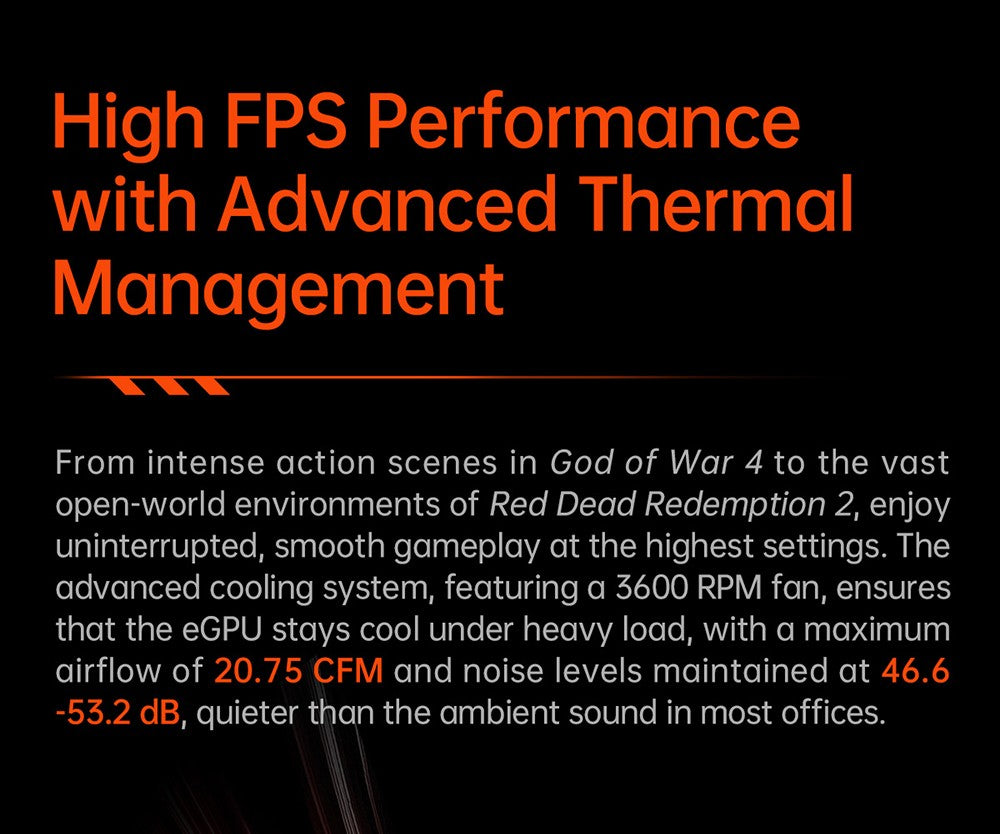 Dokovací stanice ONEXGPU 2 eGPU pro jeden netbook s grafickou kartou AMD Radeon RX 7800M, 12 GB GDDR6 RAM, 192bitová procesorová jednotka, 1 port Oculink, 1 port USB-C 4.0, 2 porty USB 3.2, 1 port PCIe 3.0 SSD, 1 port RJ45, 1 port HDMI 2.1, 2 porty DP 2.0, 65W zpětné nabíjení, RGB světelné efekty