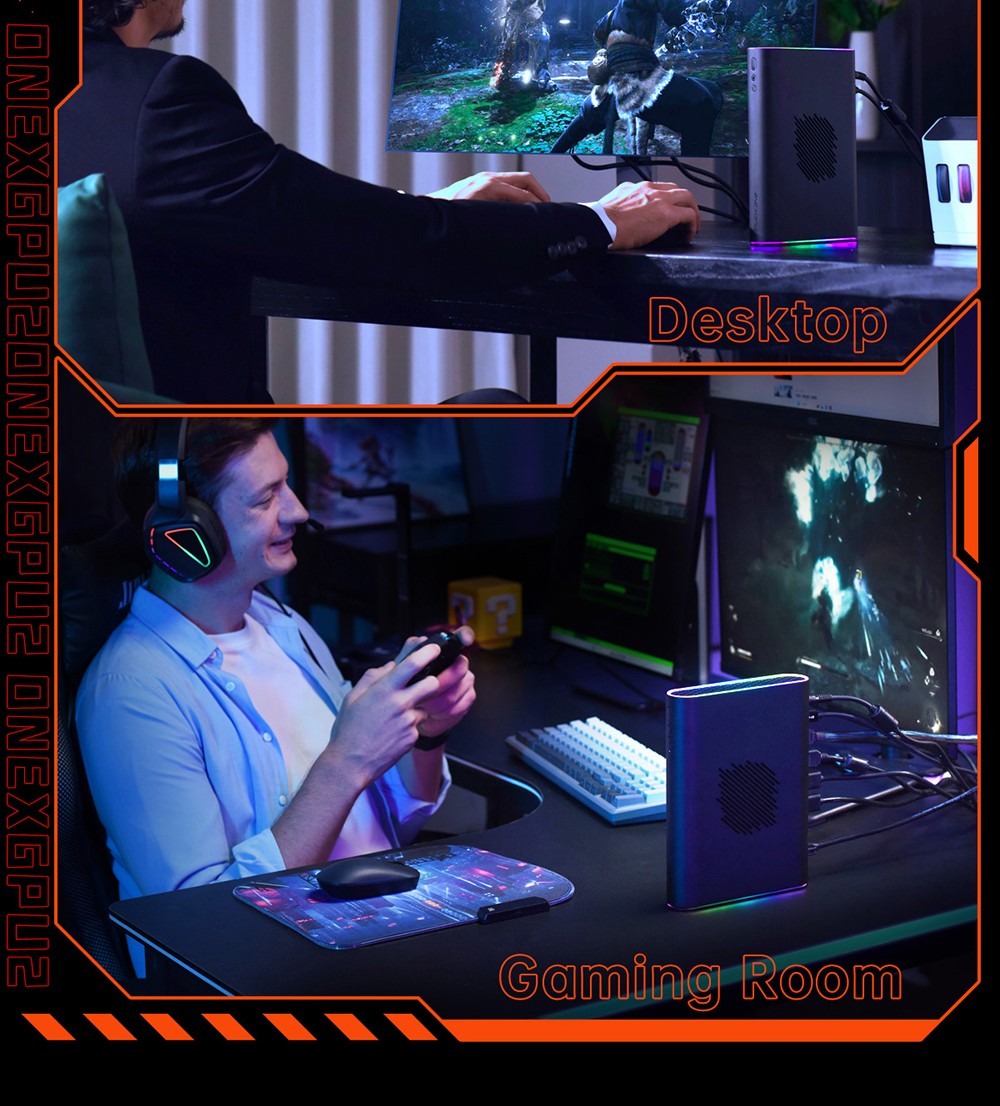 Dokovací stanice ONEXGPU 2 eGPU pro jeden netbook s grafickou kartou AMD Radeon RX 7800M, 12 GB GDDR6 RAM, 192bitová procesorová jednotka, 1 port Oculink, 1 port USB-C 4.0, 2 porty USB 3.2, 1 port PCIe 3.0 SSD, 1 port RJ45, 1 port HDMI 2.1, 2 porty DP 2.0, 65W zpětné nabíjení, RGB světelné efekty