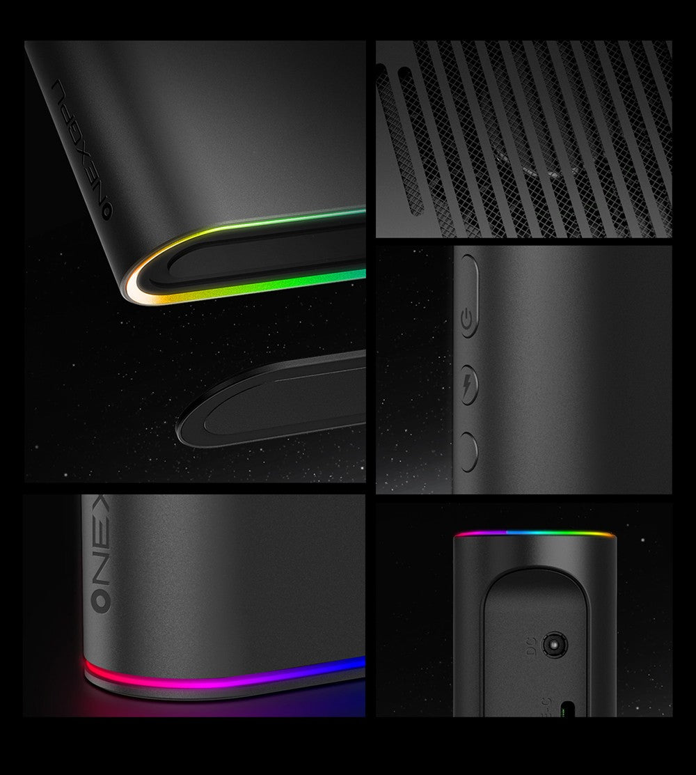 Dokovací stanice ONEXGPU 2 eGPU pro jeden netbook s grafickou kartou AMD Radeon RX 7800M, 12 GB GDDR6 RAM, 192bitová procesorová jednotka, 1 port Oculink, 1 port USB-C 4.0, 2 porty USB 3.2, 1 port PCIe 3.0 SSD, 1 port RJ45, 1 port HDMI 2.1, 2 porty DP 2.0, 65W zpětné nabíjení, RGB světelné efekty