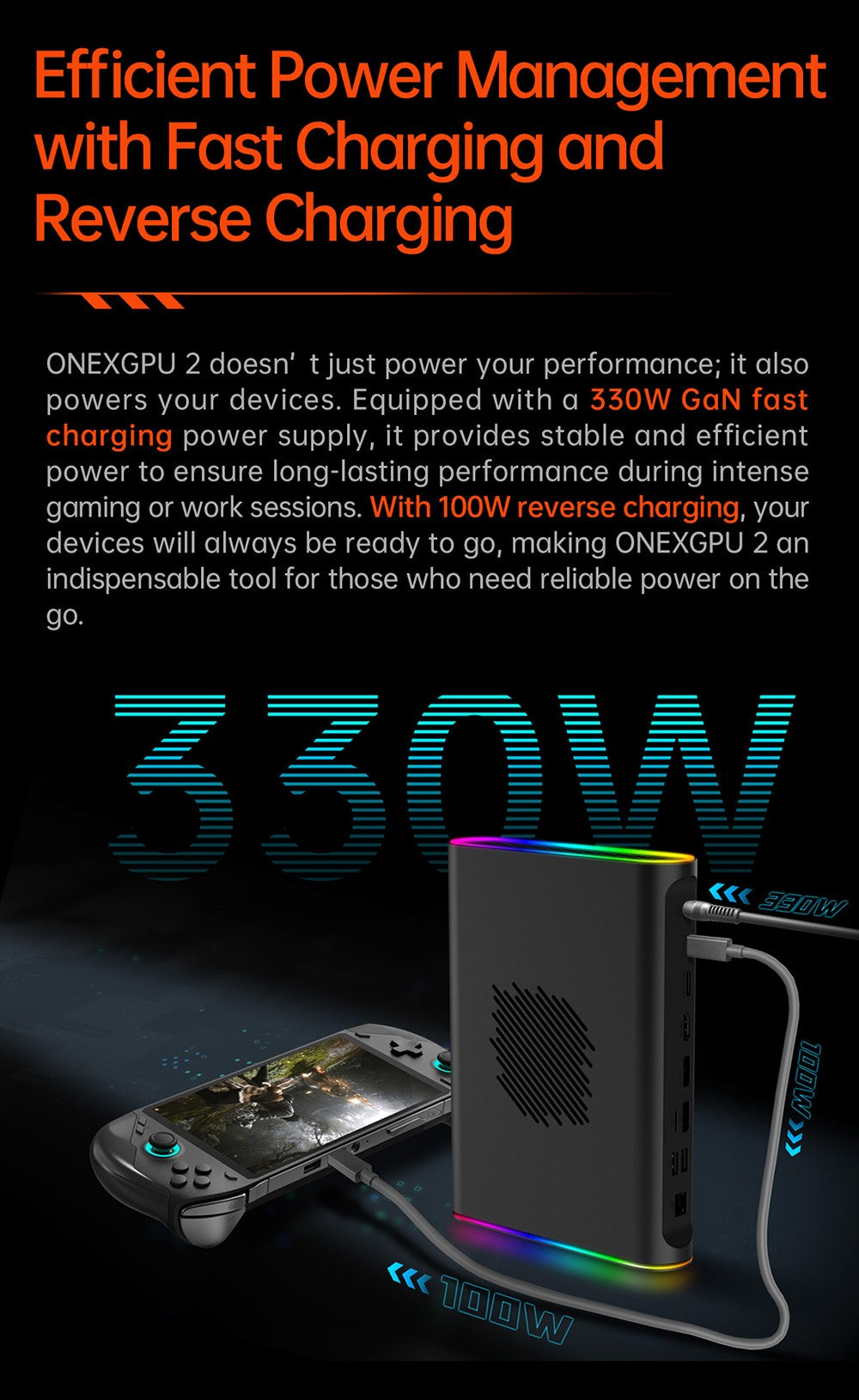 Dokovací stanice ONEXGPU 2 eGPU pro jeden netbook s grafickou kartou AMD Radeon RX 7800M, 12 GB GDDR6 RAM, 192bitová procesorová jednotka, 1 port Oculink, 1 port USB-C 4.0, 2 porty USB 3.2, 1 port PCIe 3.0 SSD, 1 port RJ45, 1 port HDMI 2.1, 2 porty DP 2.0, 65W zpětné nabíjení, RGB světelné efekty