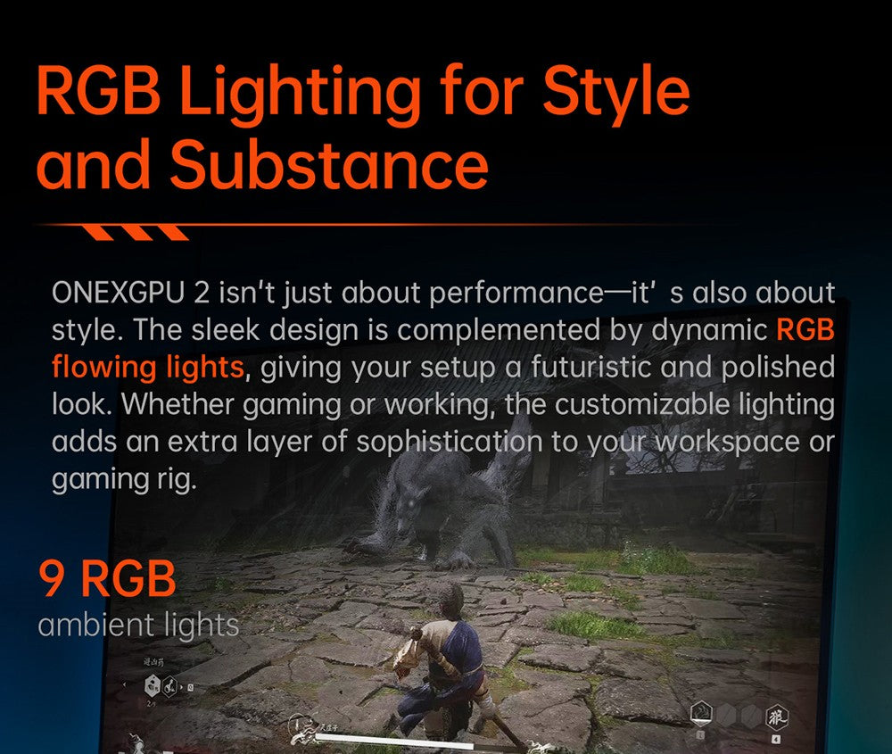 Dokovací stanice ONEXGPU 2 eGPU pro jeden netbook s grafickou kartou AMD Radeon RX 7800M, 12 GB GDDR6 RAM, 192bitová procesorová jednotka, 1 port Oculink, 1 port USB-C 4.0, 2 porty USB 3.2, 1 port PCIe 3.0 SSD, 1 port RJ45, 1 port HDMI 2.1, 2 porty DP 2.0, 65W zpětné nabíjení, RGB světelné efekty