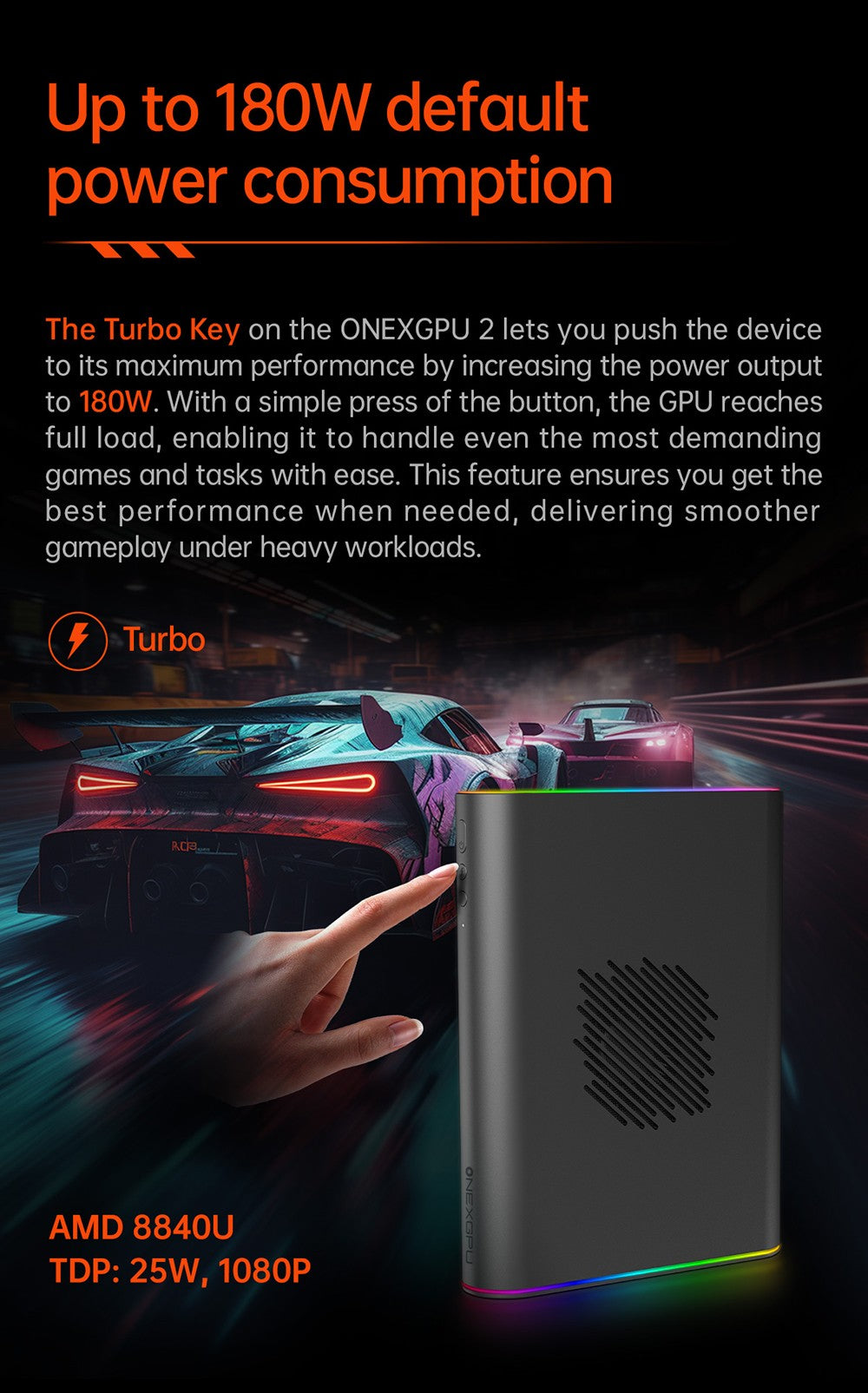 Dokovací stanice ONEXGPU 2 eGPU pro jeden netbook s grafickou kartou AMD Radeon RX 7800M, 12 GB GDDR6 RAM, 192bitová procesorová jednotka, 1 port Oculink, 1 port USB-C 4.0, 2 porty USB 3.2, 1 port PCIe 3.0 SSD, 1 port RJ45, 1 port HDMI 2.1, 2 porty DP 2.0, 65W zpětné nabíjení, RGB světelné efekty