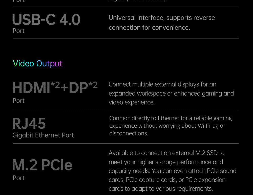 Dokovací stanice ONEXGPU e-GPU pro jeden netbook s grafickou kartou AMD Radeon RX 7600M XT, 8GB úložiště, 1x Oculink, 1x USB-C 4.0, 2x HDMI, 2x DP, 2x USB-A 3.2, 1x M.2 2280, 1x RJ45, 100W zpětné nabíjení, RGB světelné efekty