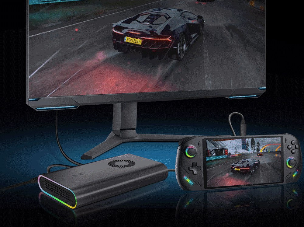 Dokovací stanice ONEXGPU e-GPU pro jeden netbook s grafickou kartou AMD Radeon RX 7600M XT, 8GB úložiště, 1x Oculink, 1x USB-C 4.0, 2x HDMI, 2x DP, 2x USB-A 3.2, 1x M.2 2280, 1x RJ45, 100W zpětné nabíjení, RGB světelné efekty