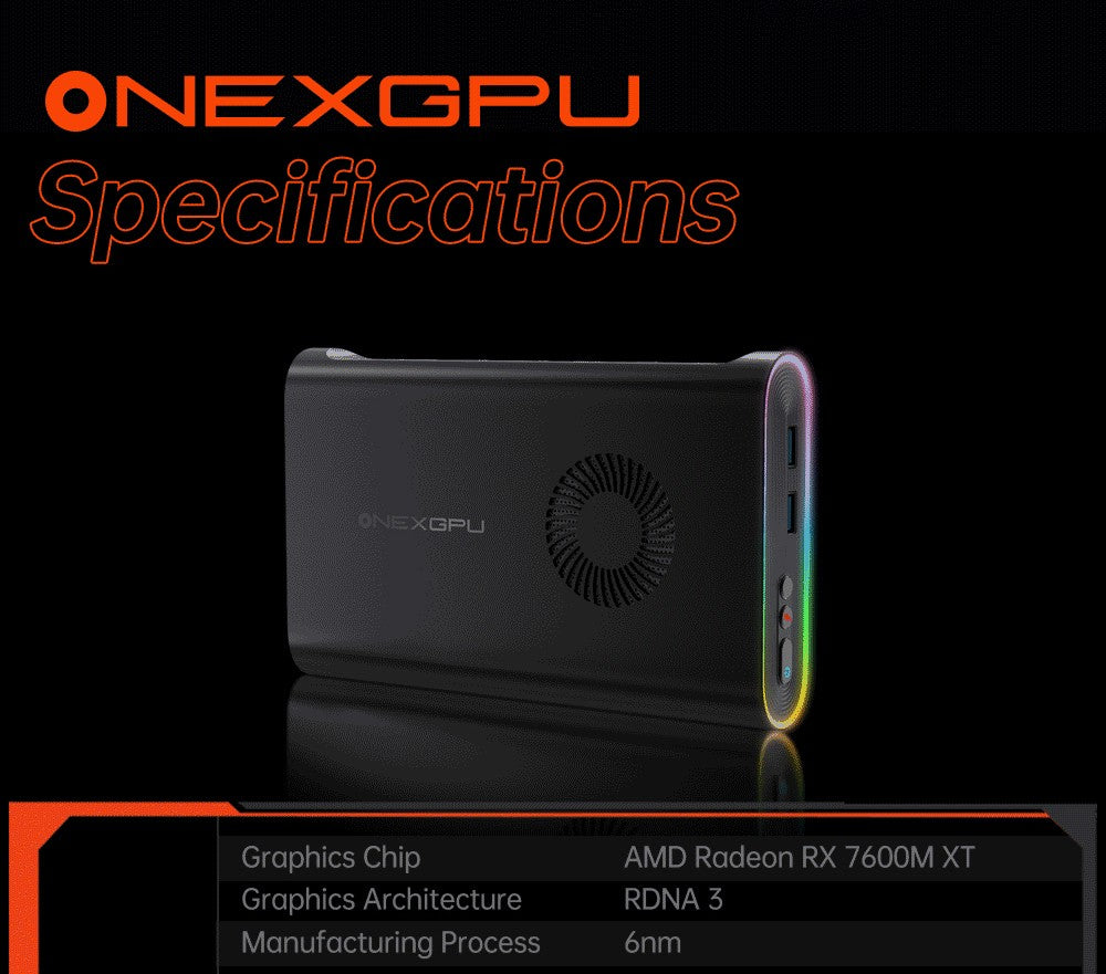 Dokovací stanice ONEXGPU e-GPU pro jeden netbook s grafickou kartou AMD Radeon RX 7600M XT, 8GB úložiště, 1x Oculink, 1x USB-C 4.0, 2x HDMI, 2x DP, 2x USB-A 3.2, 1x M.2 2280, 1x RJ45, 100W zpětné nabíjení, RGB světelné efekty