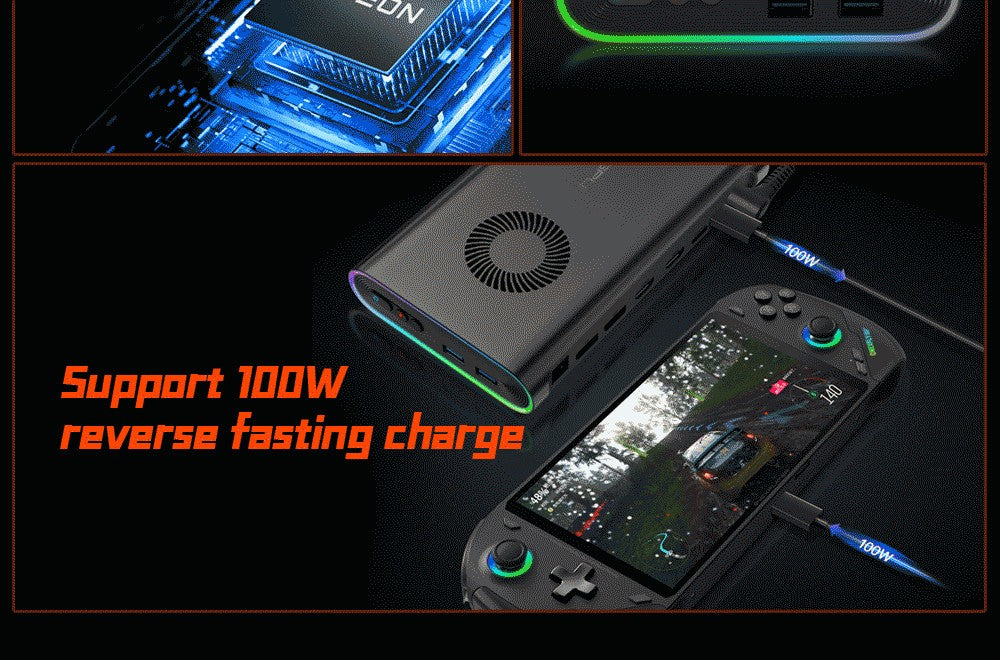 Dokovací stanice ONEXGPU e-GPU pro jeden netbook s grafickou kartou AMD Radeon RX 7600M XT, 8GB úložiště, 1x Oculink, 1x USB-C 4.0, 2x HDMI, 2x DP, 2x USB-A 3.2, 1x M.2 2280, 1x RJ45, 100W zpětné nabíjení, RGB světelné efekty