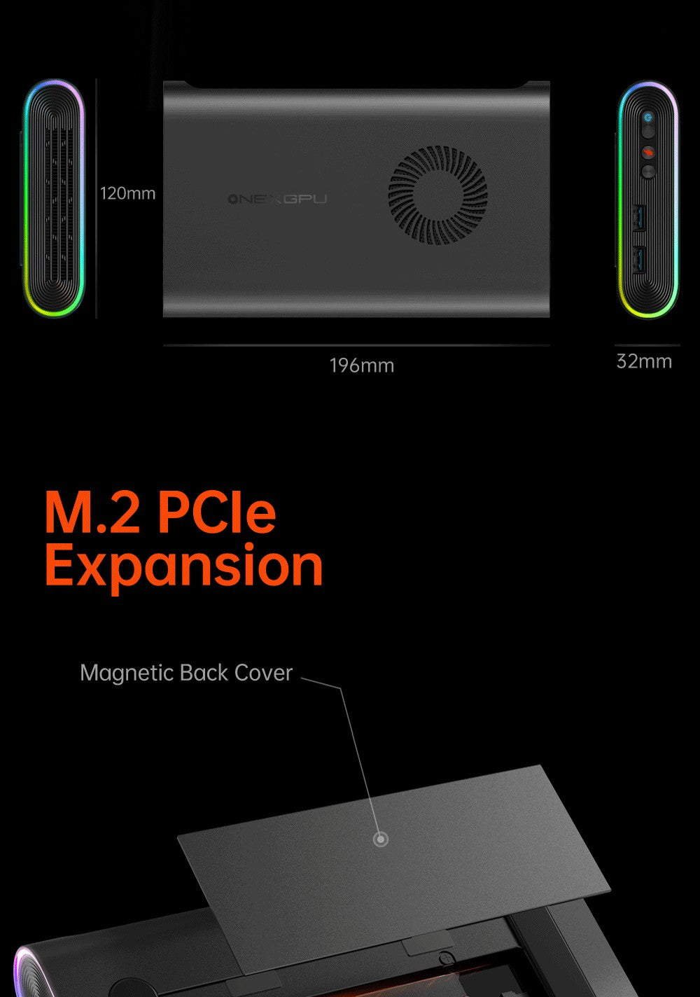 Dokovací stanice ONEXGPU e-GPU pro jeden netbook s grafickou kartou AMD Radeon RX 7600M XT, 8GB úložiště, 1x Oculink, 1x USB-C 4.0, 2x HDMI, 2x DP, 2x USB-A 3.2, 1x M.2 2280, 1x RJ45, 100W zpětné nabíjení, RGB světelné efekty