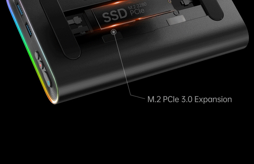 Dokovací stanice ONEXGPU e-GPU pro jeden netbook s grafickou kartou AMD Radeon RX 7600M XT, 8GB úložiště, 1x Oculink, 1x USB-C 4.0, 2x HDMI, 2x DP, 2x USB-A 3.2, 1x M.2 2280, 1x RJ45, 100W zpětné nabíjení, RGB světelné efekty