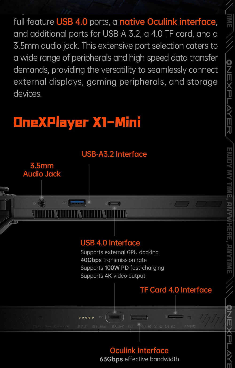 Herní mini PC OneXPlayer X1, AMD Ryzen 7 8840U, 8 jader, max. 5,1 GHz, 8,8" 2560*1600, 144Hz LTPS displej, 32GB LPDDR5x 7500MHz RAM, 1TB SSD, 2x USB4, 1x USB3.2, 1x slot pro TF kartu, 1x Oculink, 1x audio, Harman Sound System, baterie 65,02 Wh