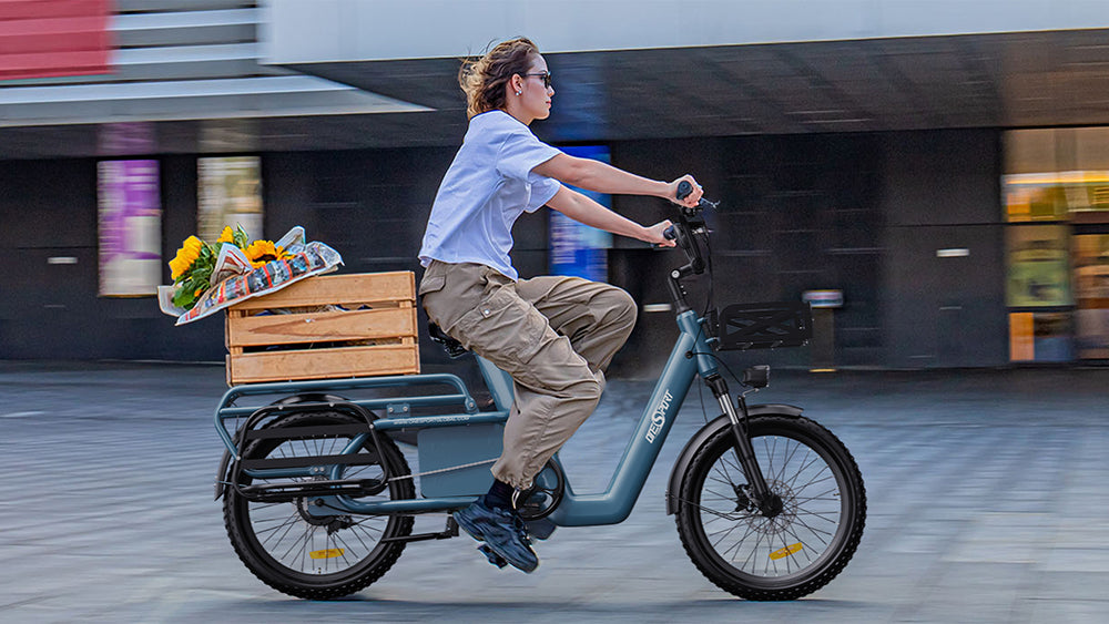 Elektrické nákladní kolo ONESPORT OT01, motor 650 W, baterie 48 V 27 Ah, pneumatiky 20 x 2,6 palce, maximální rychlost 25 km/h, maximální dojezd 100 km, hydraulické kotoučové brzdy, přední odpružená vidlice - modrá