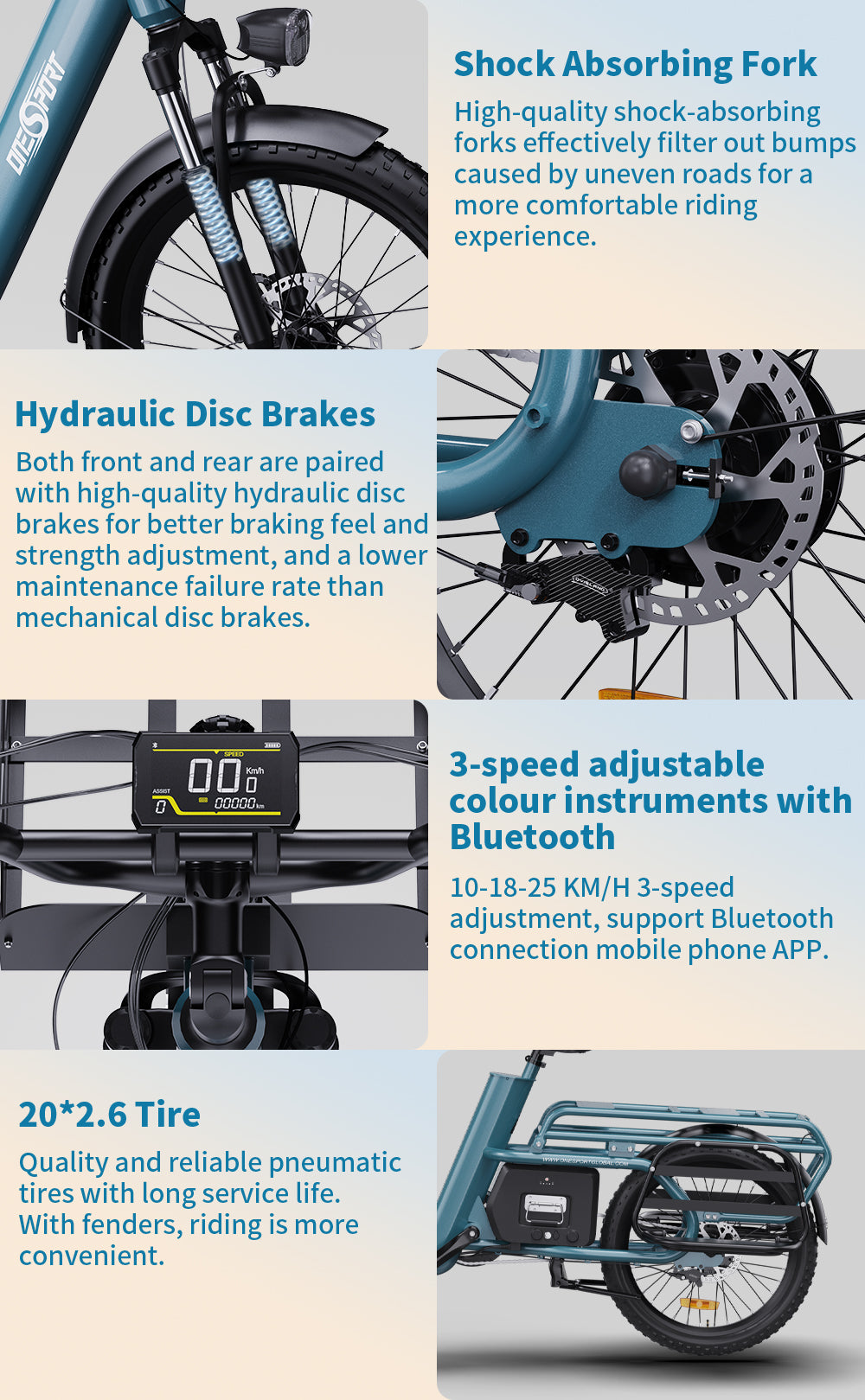 Elektrické nákladní kolo ONESPORT OT01, motor 650 W, baterie 48 V 27 Ah, pneumatiky 20 x 2,6 palce, maximální rychlost 25 km/h, maximální dojezd 100 km, hydraulické kotoučové brzdy, přední odpružená vidlice - modrá