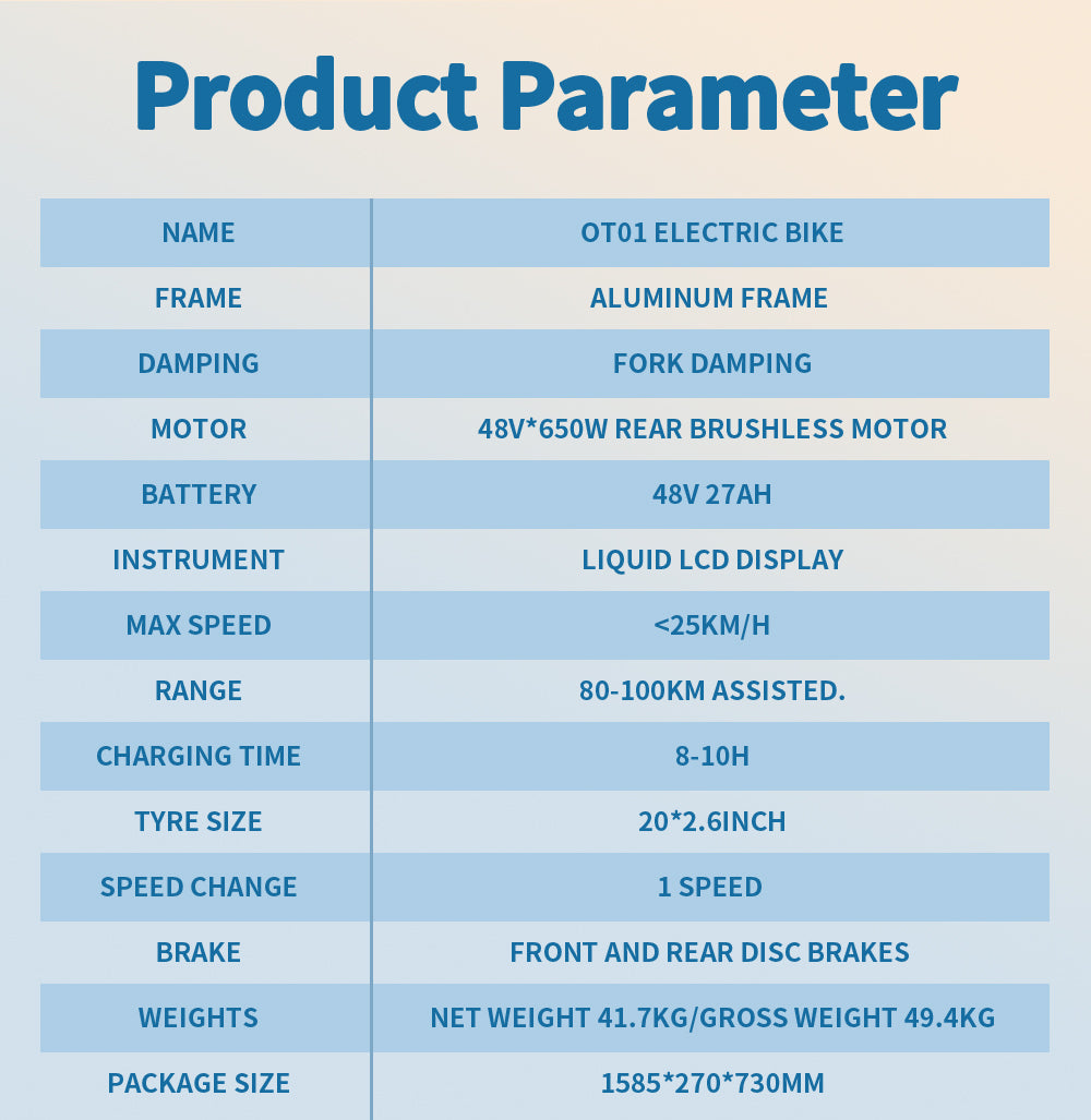 Elektrické nákladní kolo ONESPORT OT01, motor 650 W, baterie 48 V 27 Ah, pneumatiky 20 x 2,6 palce, maximální rychlost 25 km/h, maximální dojezd 100 km, hydraulické kotoučové brzdy, přední odpružená vidlice - modrá