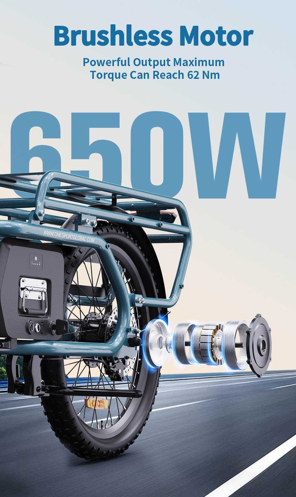 Elektrické nákladní kolo ONESPORT OT01, motor 650 W, baterie 48 V 27 Ah, pneumatiky 20 x 2,6 palce, maximální rychlost 25 km/h, maximální dojezd 100 km, hydraulické kotoučové brzdy, přední odpružená vidlice - modrá