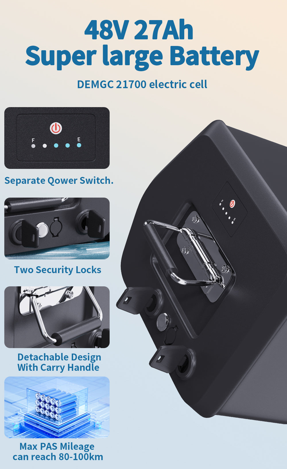 Elektrické nákladní kolo ONESPORT OT01, motor 650 W, baterie 48 V 27 Ah, pneumatiky 20 x 2,6 palce, maximální rychlost 25 km/h, maximální dojezd 100 km, hydraulické kotoučové brzdy, přední odpružená vidlice - modrá