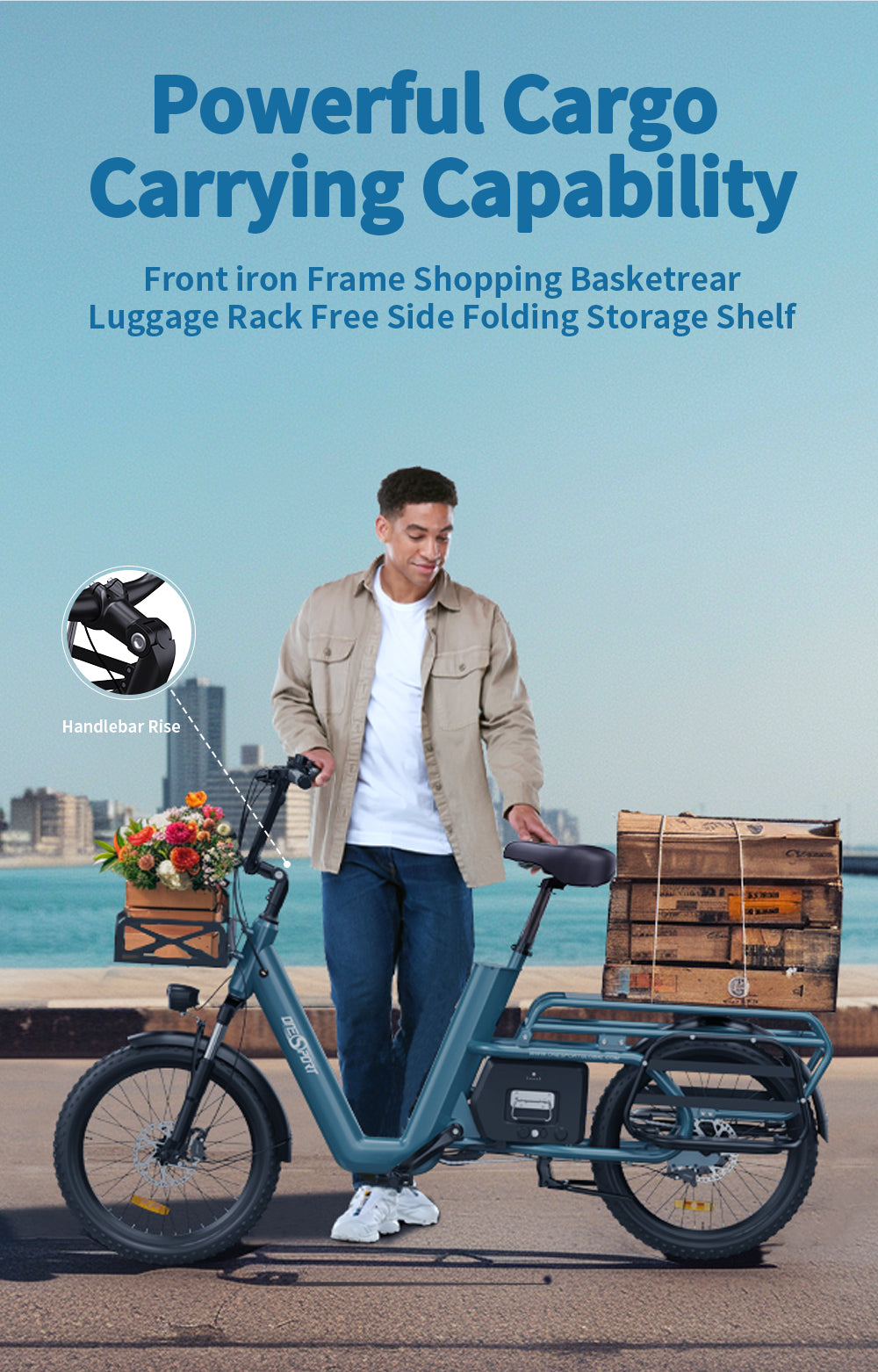 Elektrické nákladní kolo ONESPORT OT01, motor 650 W, baterie 48 V 27 Ah, pneumatiky 20 x 2,6 palce, maximální rychlost 25 km/h, maximální dojezd 100 km, hydraulické kotoučové brzdy, přední odpružená vidlice - modrá