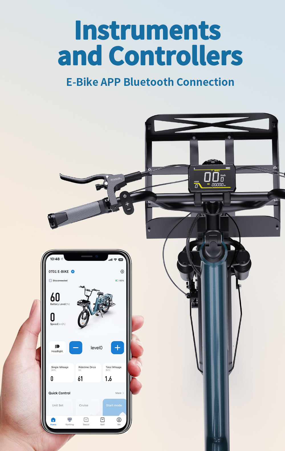 Elektrické nákladní kolo ONESPORT OT01, motor 650 W, baterie 48 V 27 Ah, pneumatiky 20 x 2,6 palce, maximální rychlost 25 km/h, maximální dojezd 100 km, hydraulické kotoučové brzdy, přední odpružená vidlice - modrá