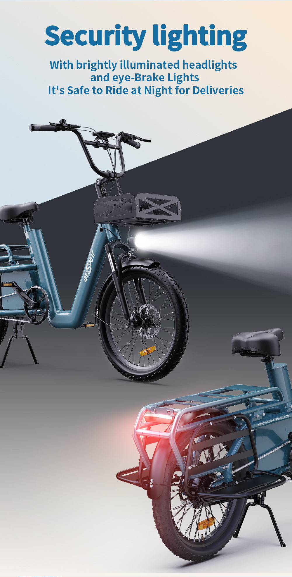 Elektrické nákladní kolo ONESPORT OT01, motor 650 W, baterie 48 V 27 Ah, pneumatiky 20 x 2,6 palce, maximální rychlost 25 km/h, maximální dojezd 100 km, hydraulické kotoučové brzdy, přední odpružená vidlice - modrá