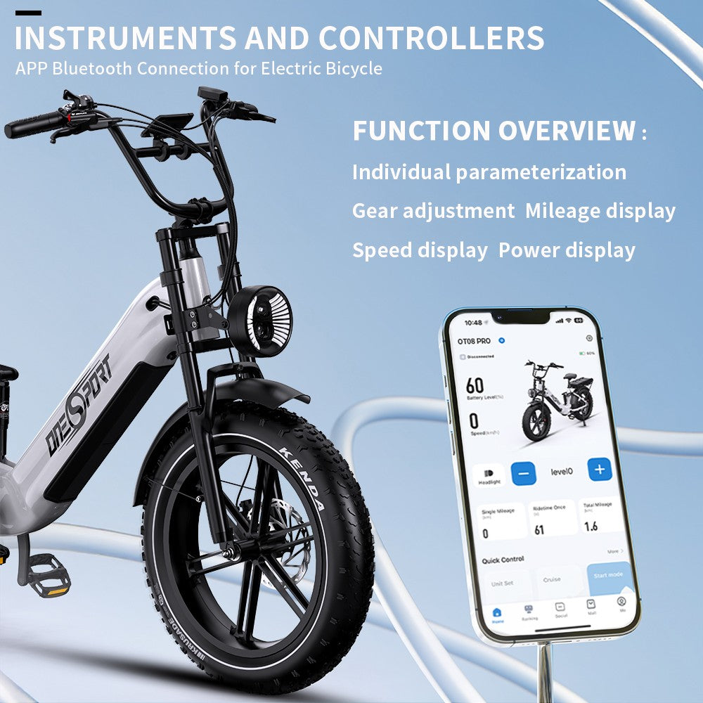 Elektrokolo ONESPORT OT08 Pro, motor 500 W, baterie 2x48 V 18 Ah, pneumatiky 20x4,0 palce, maximální rychlost 25 km/h, maximální dojezd 190 km, přední a zadní olejové kotoučové brzdy, odpružená vidlice, řazení Shimano 7 rychlostí - bílé