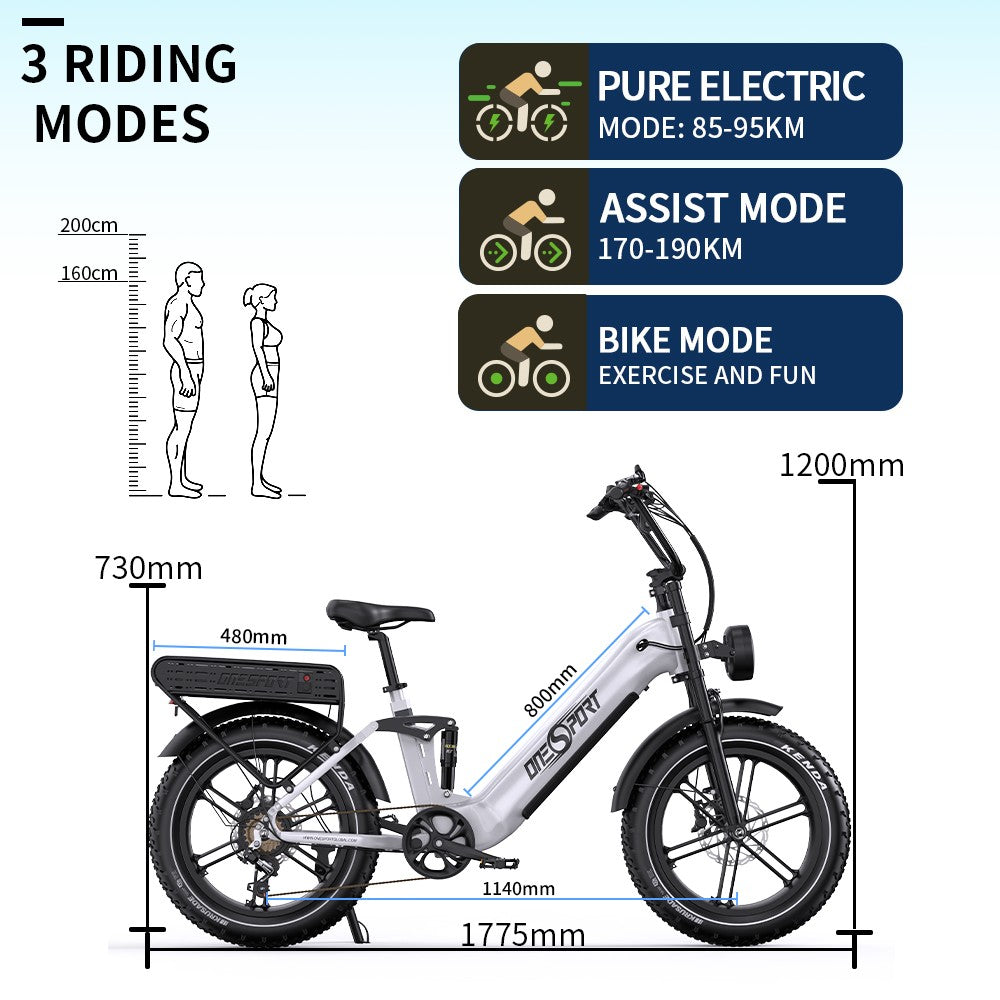 Elektrokolo ONESPORT OT08 Pro, motor 500 W, baterie 2x48 V 18 Ah, pneumatiky 20x4,0 palce, maximální rychlost 25 km/h, maximální dojezd 190 km, přední a zadní olejové kotoučové brzdy, odpružená vidlice, řazení Shimano 7 rychlostí - bílé