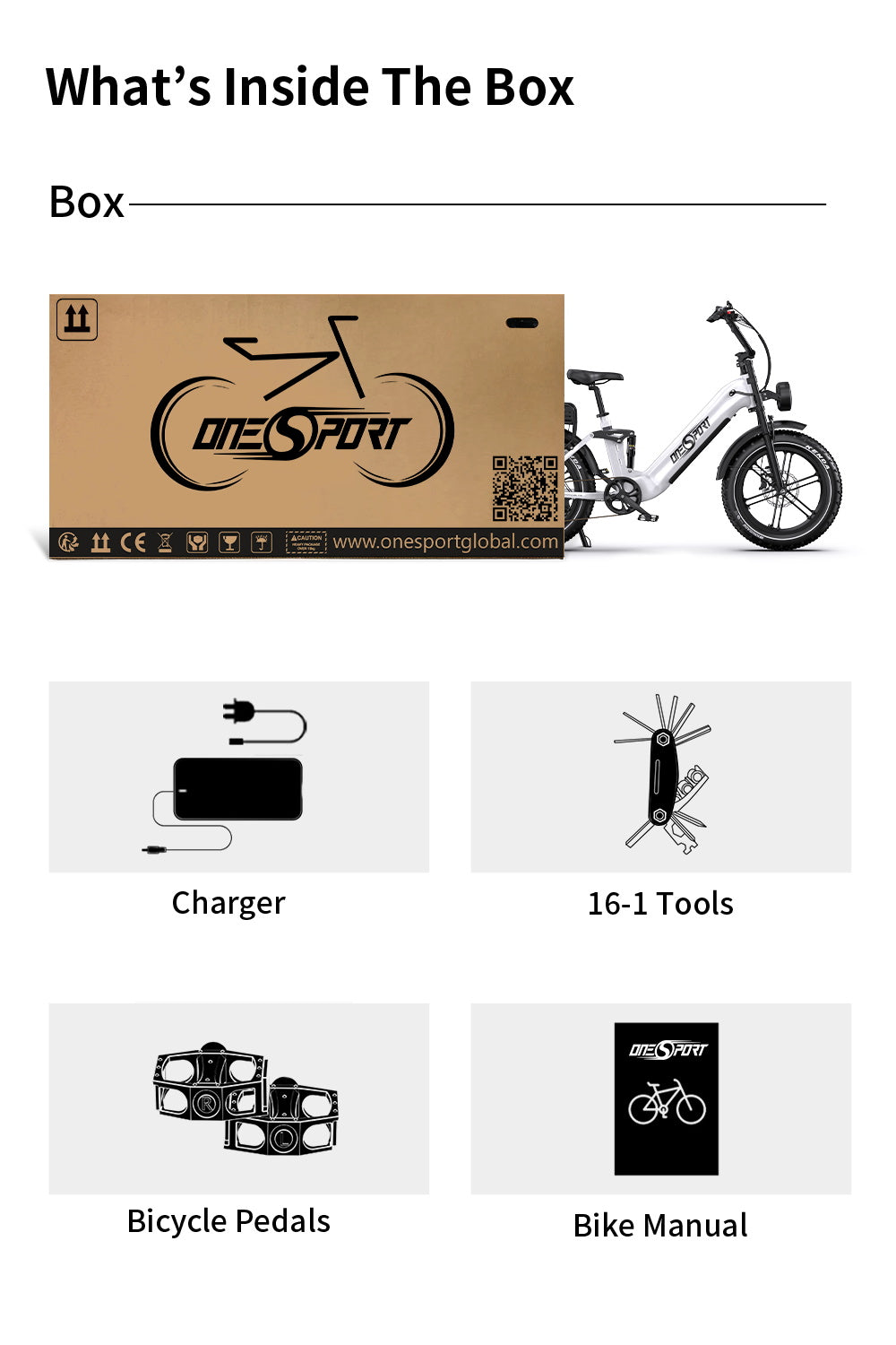 Elektrokolo ONESPORT OT08 Pro, motor 500 W, baterie 2x48 V 18 Ah, pneumatiky 20x4,0 palce, maximální rychlost 25 km/h, maximální dojezd 190 km, přední a zadní olejové kotoučové brzdy, odpružená vidlice, řazení Shimano 7 rychlostí - bílé