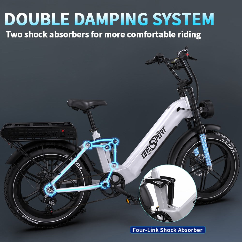 Elektrokolo ONESPORT OT08 Pro, motor 500 W, baterie 2x48 V 18 Ah, pneumatiky 20x4,0 palce, maximální rychlost 25 km/h, maximální dojezd 190 km, přední a zadní olejové kotoučové brzdy, odpružená vidlice, řazení Shimano 7 rychlostí - bílé