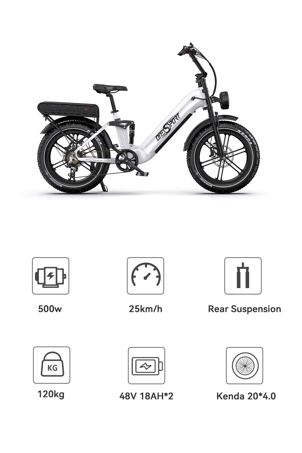 Elektrokolo ONESPORT OT08 Pro, motor 500 W, baterie 2x48 V 18 Ah, pneumatiky 20x4,0 palce, maximální rychlost 25 km/h, maximální dojezd 190 km, přední a zadní olejové kotoučové brzdy, odpružená vidlice, řazení Shimano 7 rychlostí - bílé