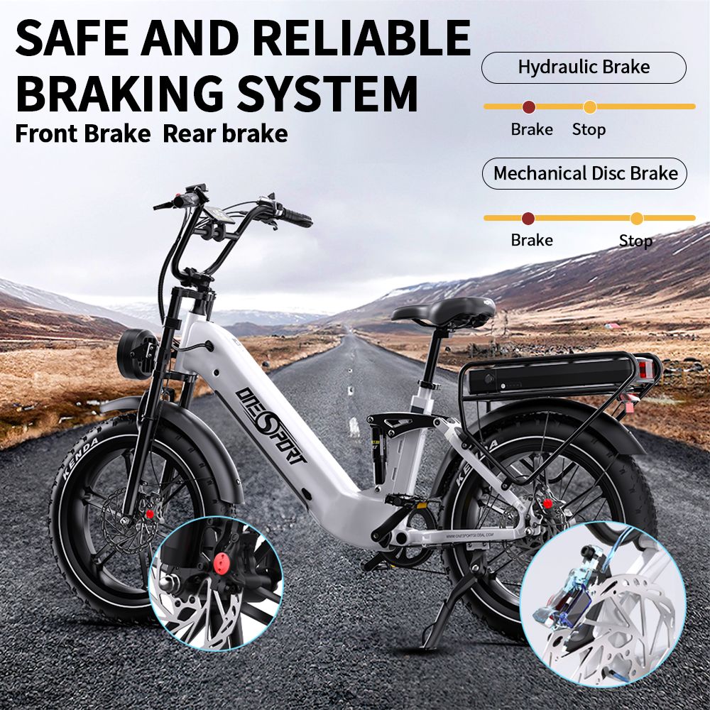 Elektrokolo ONESPORT OT08 Pro, motor 500 W, baterie 2x48 V 18 Ah, pneumatiky 20x4,0 palce, maximální rychlost 25 km/h, maximální dojezd 190 km, přední a zadní olejové kotoučové brzdy, odpružená vidlice, řazení Shimano 7 rychlostí - bílé