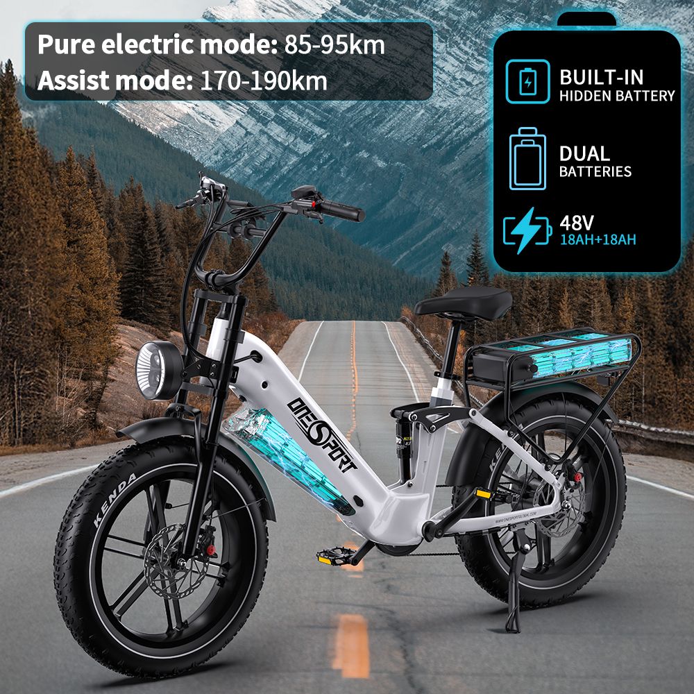 Elektrokolo ONESPORT OT08 Pro, motor 500 W, baterie 2x48 V 18 Ah, pneumatiky 20x4,0 palce, maximální rychlost 25 km/h, maximální dojezd 190 km, přední a zadní olejové kotoučové brzdy, odpružená vidlice, řazení Shimano 7 rychlostí - bílé