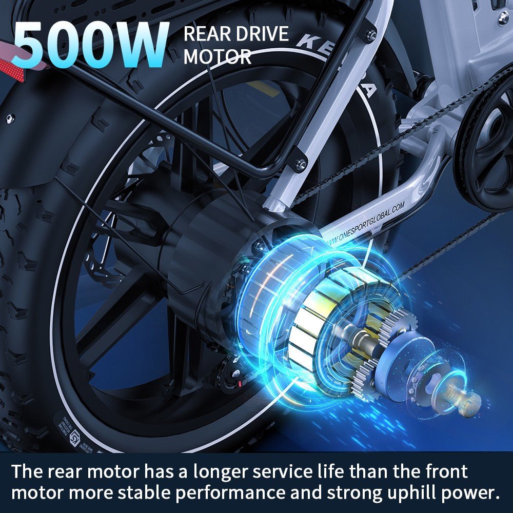 Elektrokolo ONESPORT OT08 Pro, motor 500 W, baterie 2x48 V 18 Ah, pneumatiky 20x4,0 palce, maximální rychlost 25 km/h, maximální dojezd 190 km, přední a zadní olejové kotoučové brzdy, odpružená vidlice, řazení Shimano 7 rychlostí - bílé