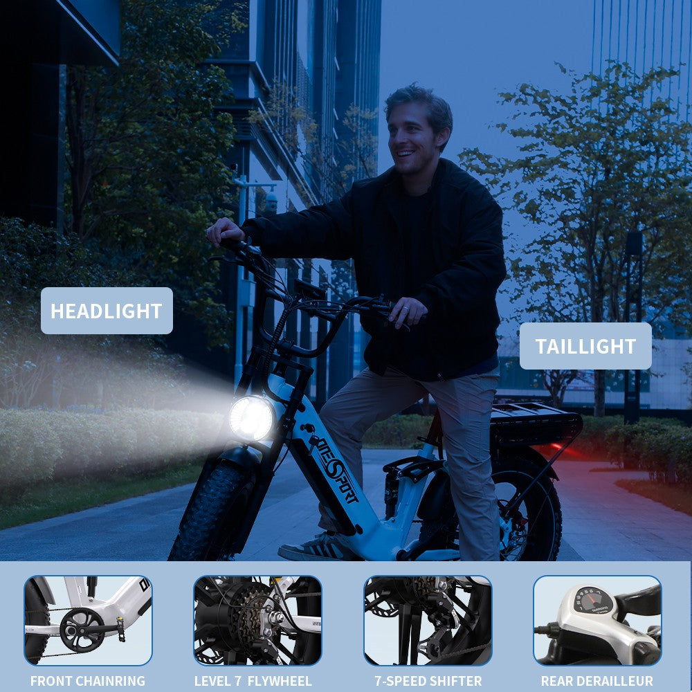 Elektrokolo ONESPORT OT08 Pro, motor 500 W, baterie 2x48 V 18 Ah, pneumatiky 20x4,0 palce, maximální rychlost 25 km/h, maximální dojezd 190 km, přední a zadní olejové kotoučové brzdy, odpružená vidlice, řazení Shimano 7 rychlostí - bílé