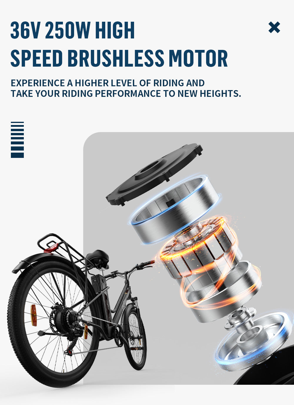 Městské elektrické kolo ONESPORT OT18, pneumatiky 26*2,35 palce, motor 250 W, rychlost 25 km/h, 36 V 14,4 Ah velká baterie, dojezd až 100 km, 7stupňové řazení Shimano, přední tlumící vidlice, stoupání 25 stupňů, Bluetooth aplikace - černé