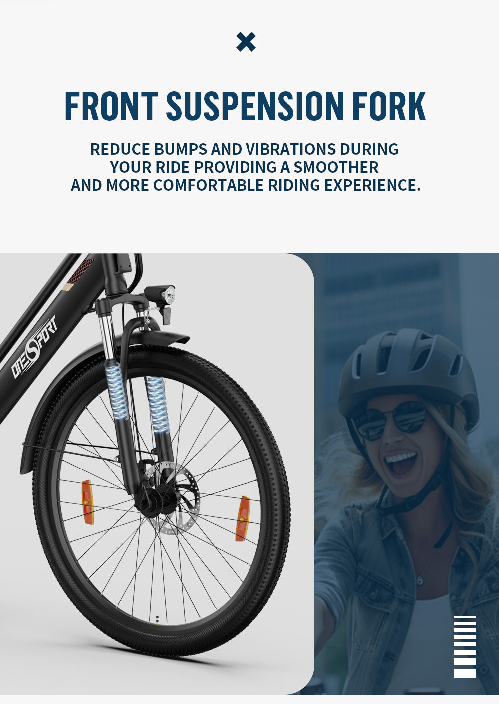 Městské elektrické kolo ONESPORT OT18, pneumatiky 26*2,35 palce, motor 250 W, rychlost 25 km/h, 36 V 14,4 Ah velká baterie, dojezd až 100 km, 7stupňové řazení Shimano, přední tlumící vidlice, stoupání 25 stupňů, Bluetooth aplikace - černé