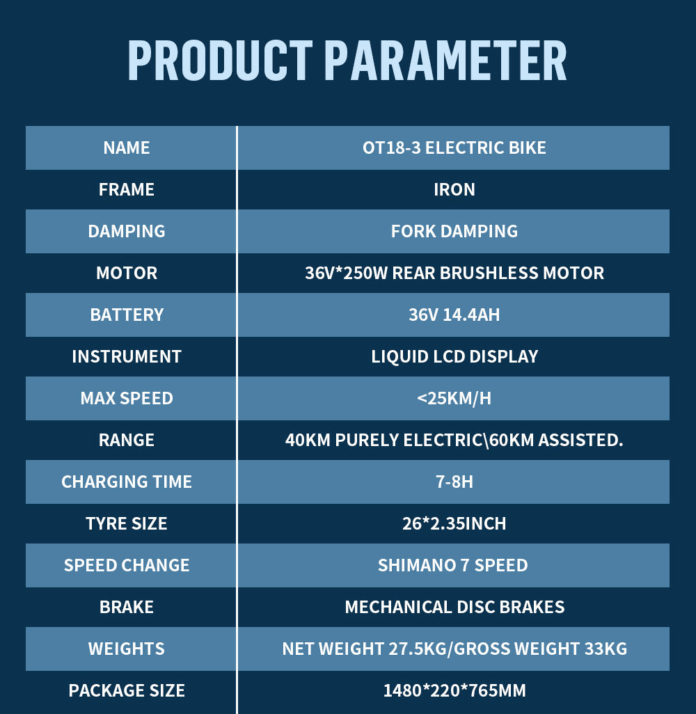 Městské elektrické kolo ONESPORT OT18, pneumatiky 26*2,35 palce, motor 250 W, rychlost 25 km/h, 36 V 14,4 Ah velká baterie, dojezd až 100 km, 7stupňová převodovka Shimano, přední tlumící vidlice, stoupání 25 stupňů, Bluetooth aplikace - černá