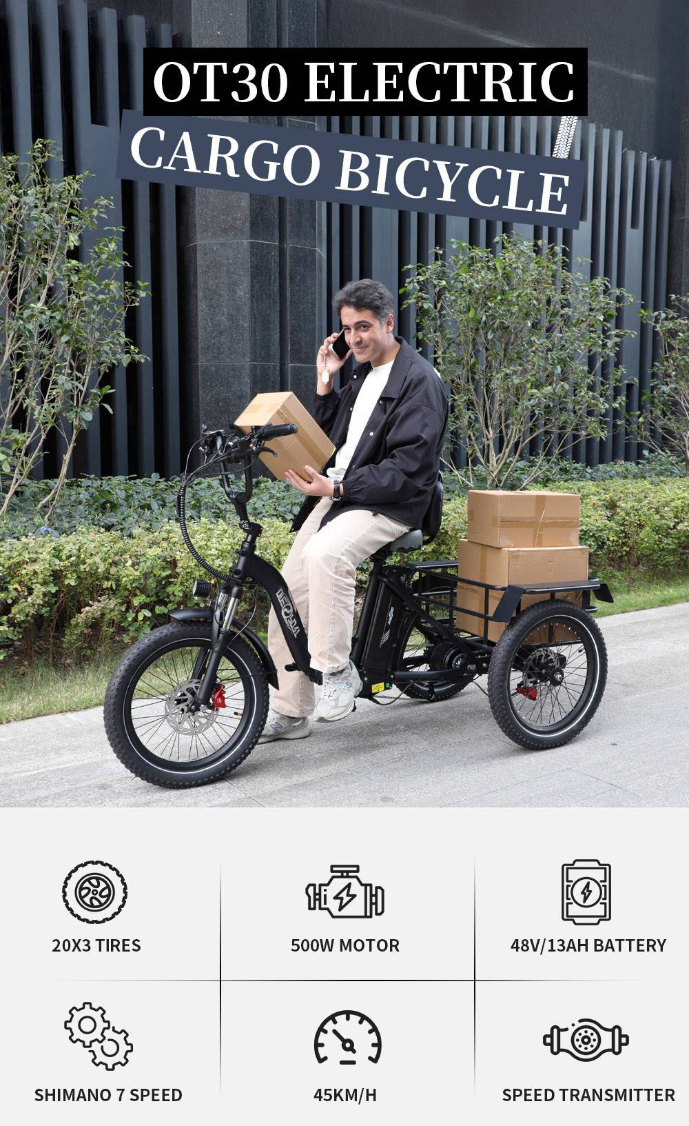 Elektrická nákladní tříkolka ONESPORT OT30, motor 500 W, baterie 48 V 13 Ah, pneumatiky 20 x 3,0 palce, maximální rychlost 25 km/h, dojezd 80 km, hydraulické kotoučové brzdy, tlumící vidlice, maximální zatížení 180 kg - béžová