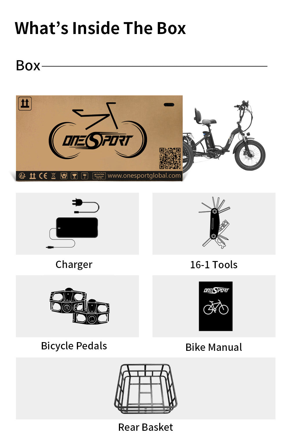 Elektrická nákladní tříkolka ONESPORT OT30, motor 500 W, baterie 48 V 13 Ah, pneumatiky 20 x 3,0 palce, maximální rychlost 25 km/h, dojezd 80 km, hydraulické kotoučové brzdy, tlumící vidlice, maximální zatížení 180 kg - béžová