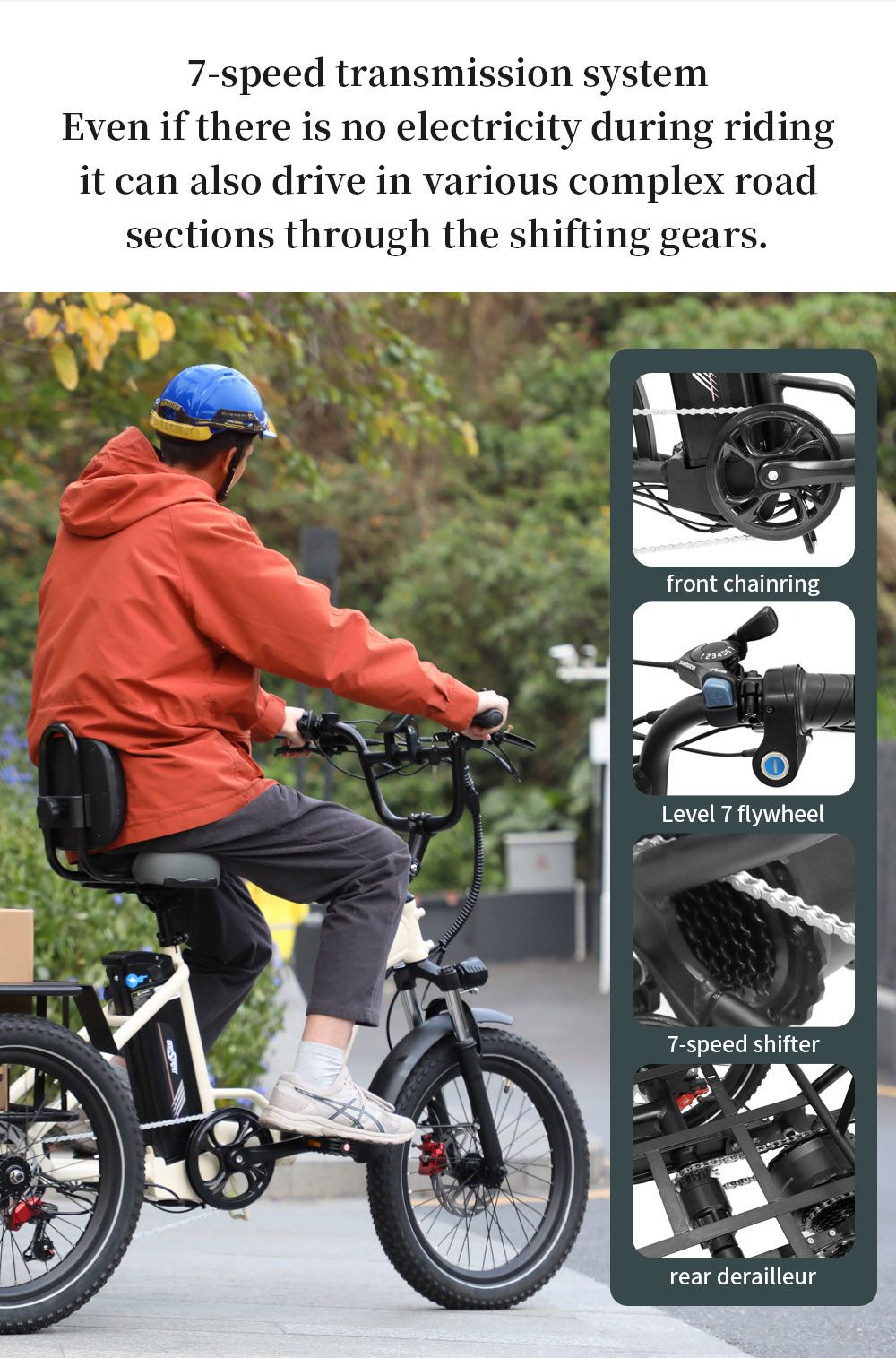 Elektrická nákladní tříkolka ONESPORT OT30, motor 500 W, baterie 48 V 13 Ah, pneumatiky 20 x 3,0 palce, maximální rychlost 25 km/h, dojezd 80 km, hydraulické kotoučové brzdy, tlumící vidlice, maximální zatížení 180 kg - béžová