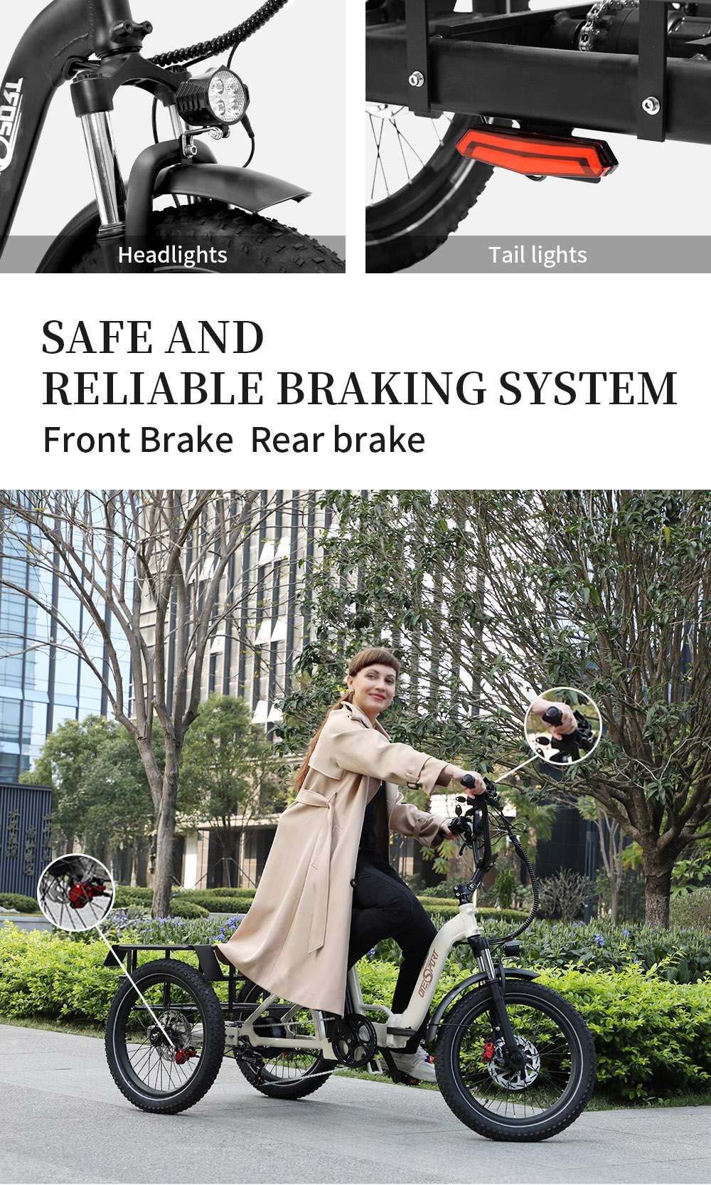 Elektrická nákladní tříkolka ONESPORT OT30, motor 500 W, baterie 48 V 13 Ah, pneumatiky 20 x 3,0 palce, maximální rychlost 25 km/h, dojezd 80 km, hydraulické kotoučové brzdy, tlumící vidlice, maximální zatížení 180 kg - béžová