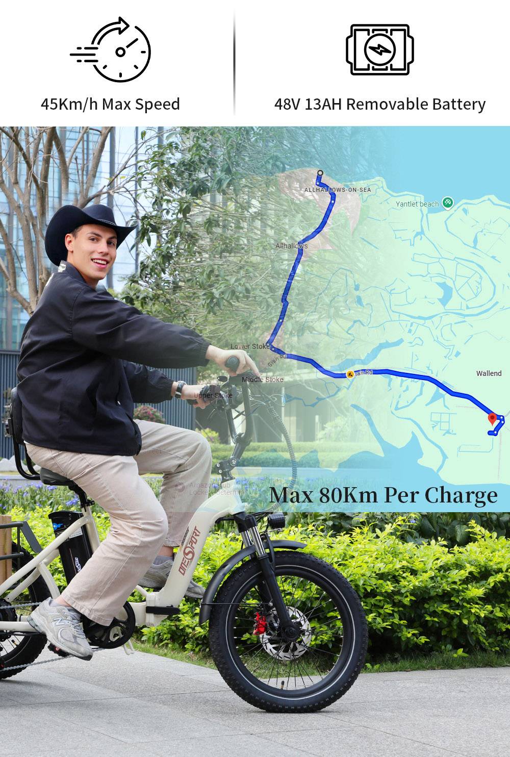 Elektrická nákladní tříkolka ONESPORT OT30, motor 500 W, baterie 48 V 13 Ah, pneumatiky 20 x 3,0 palce, maximální rychlost 25 km/h, dojezd 80 km, hydraulické kotoučové brzdy, tlumící vidlice, maximální zatížení 180 kg - béžová