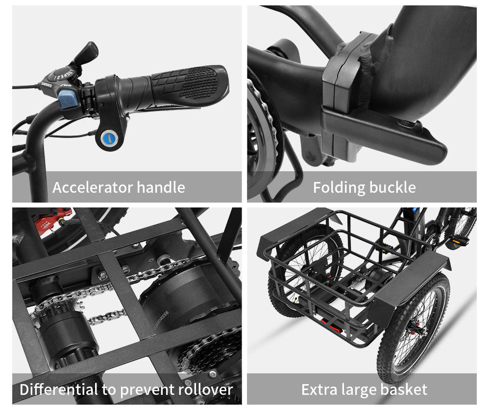 Elektrická nákladní tříkolka ONESPORT OT30, motor 500 W, baterie 48 V 13 Ah, pneumatiky 20 x 3,0 palce, maximální rychlost 25 km/h, dojezd 80 km, hydraulické kotoučové brzdy, tlumící vidlice, maximální zatížení 180 kg - béžová