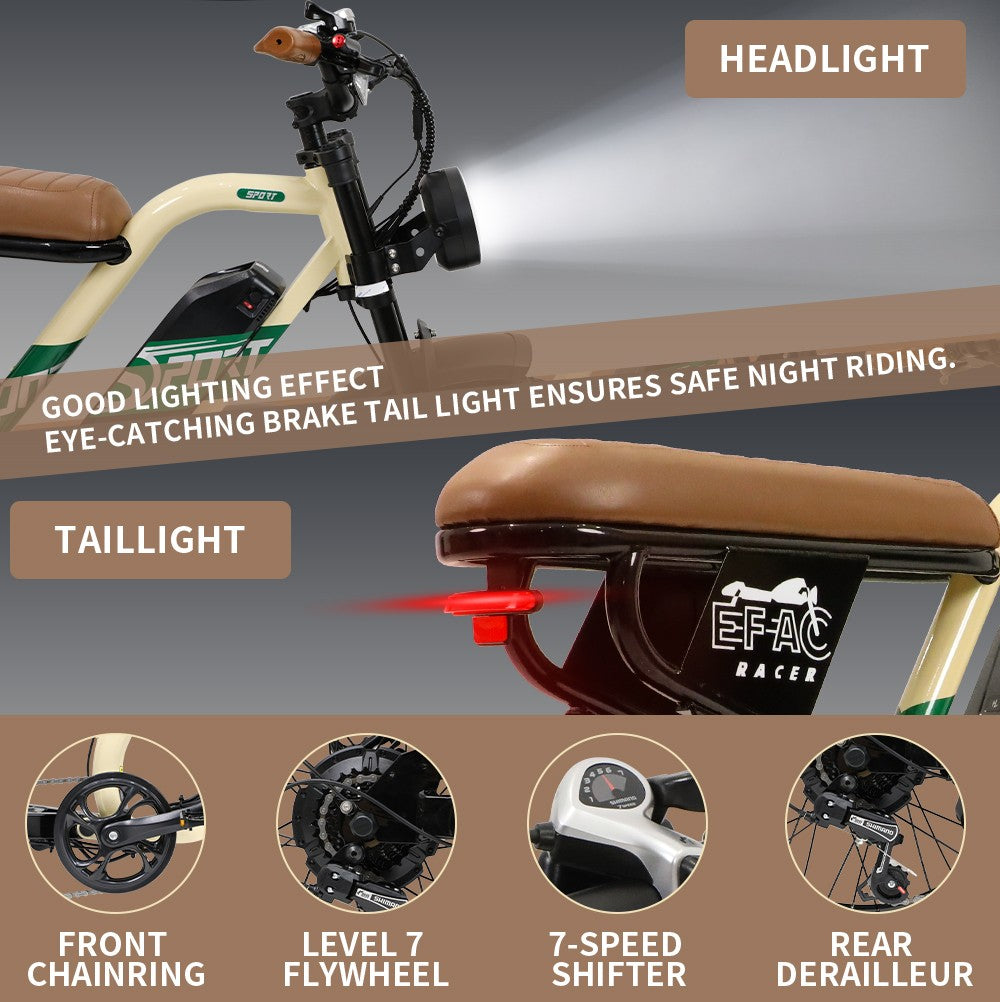 Elektrokolo ONESPORT W66, motor 500 W, baterie 48 V 13,5 Ah, pneumatiky 20 x 4,0 palce, maximální rychlost 25 km/h, dojezd 100 km, přední a zadní hydraulické kotoučové brzdy, tlumící přední vidlice, 7stupňová převodovka