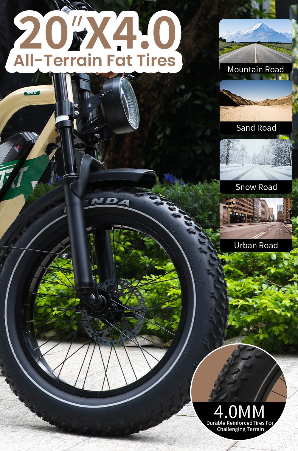 Elektrokolo ONESPORT W66, motor 500 W, baterie 48 V 13,5 Ah, pneumatiky 20 x 4,0 palce, maximální rychlost 25 km/h, dojezd 100 km, přední a zadní hydraulické kotoučové brzdy, tlumící přední vidlice, 7stupňová převodovka