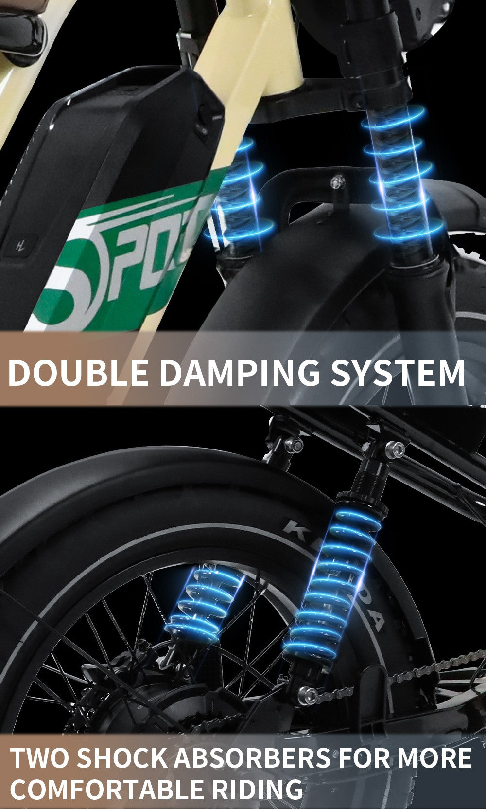 Elektrokolo ONESPORT W66, motor 500 W, baterie 48 V 13,5 Ah, pneumatiky 20 x 4,0 palce, maximální rychlost 25 km/h, dojezd 100 km, přední a zadní hydraulické kotoučové brzdy, tlumící přední vidlice, 7stupňová převodovka