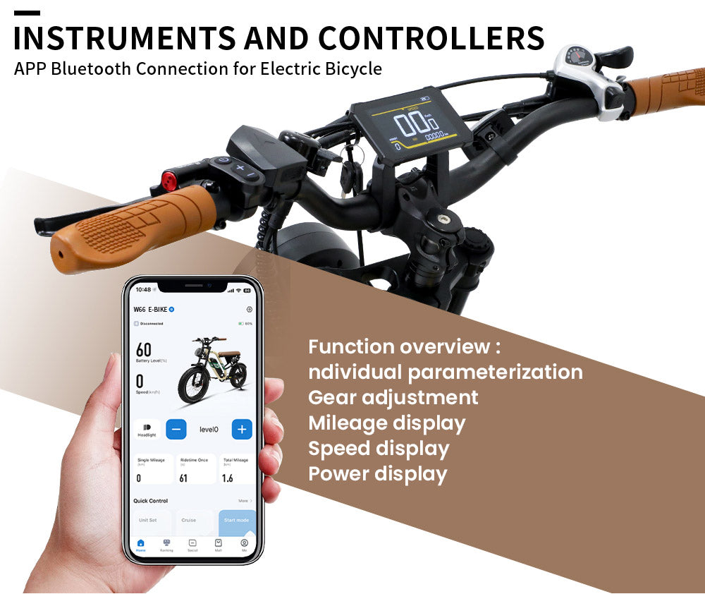 Elektrokolo ONESPORT W66, motor 500 W, baterie 48 V 13,5 Ah, pneumatiky 20 x 4,0 palce, maximální rychlost 25 km/h, dojezd 100 km, přední a zadní hydraulické kotoučové brzdy, tlumící přední vidlice, 7stupňová převodovka