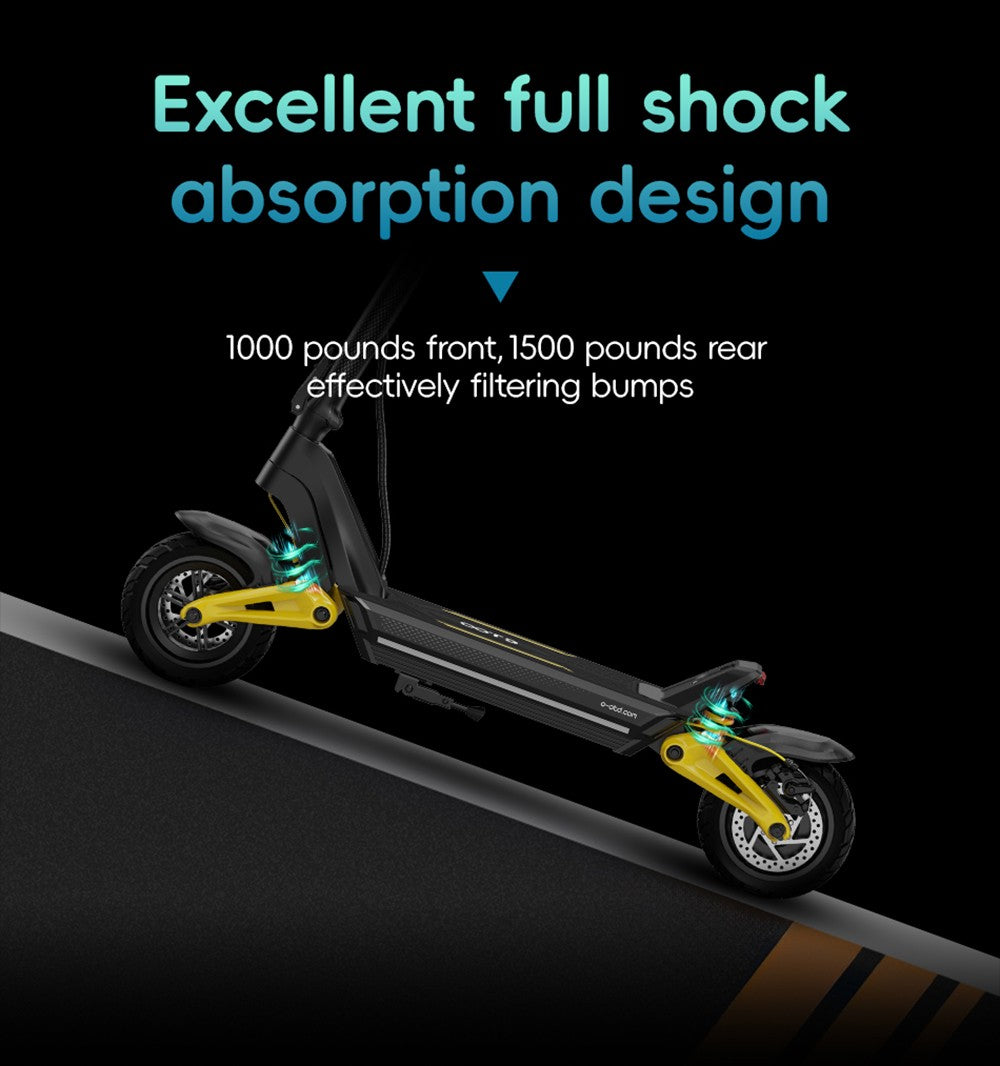 Elektrická koloběžka OOTD S10, motor 1400 W, 10palcové pneumatiky, baterie 48 V 20 Ah, maximální rychlost 55 km/h, dojezd 60–70 km, kotoučová brzda, odpružení vpředu i vzadu