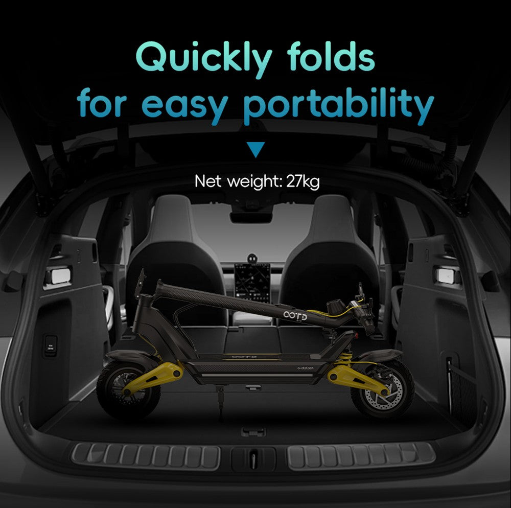 Elektrická koloběžka OOTD S10, motor 1400 W, 10palcové pneumatiky, baterie 48 V 20 Ah, maximální rychlost 55 km/h, dojezd 60–70 km, kotoučová brzda, odpružení vpředu i vzadu
