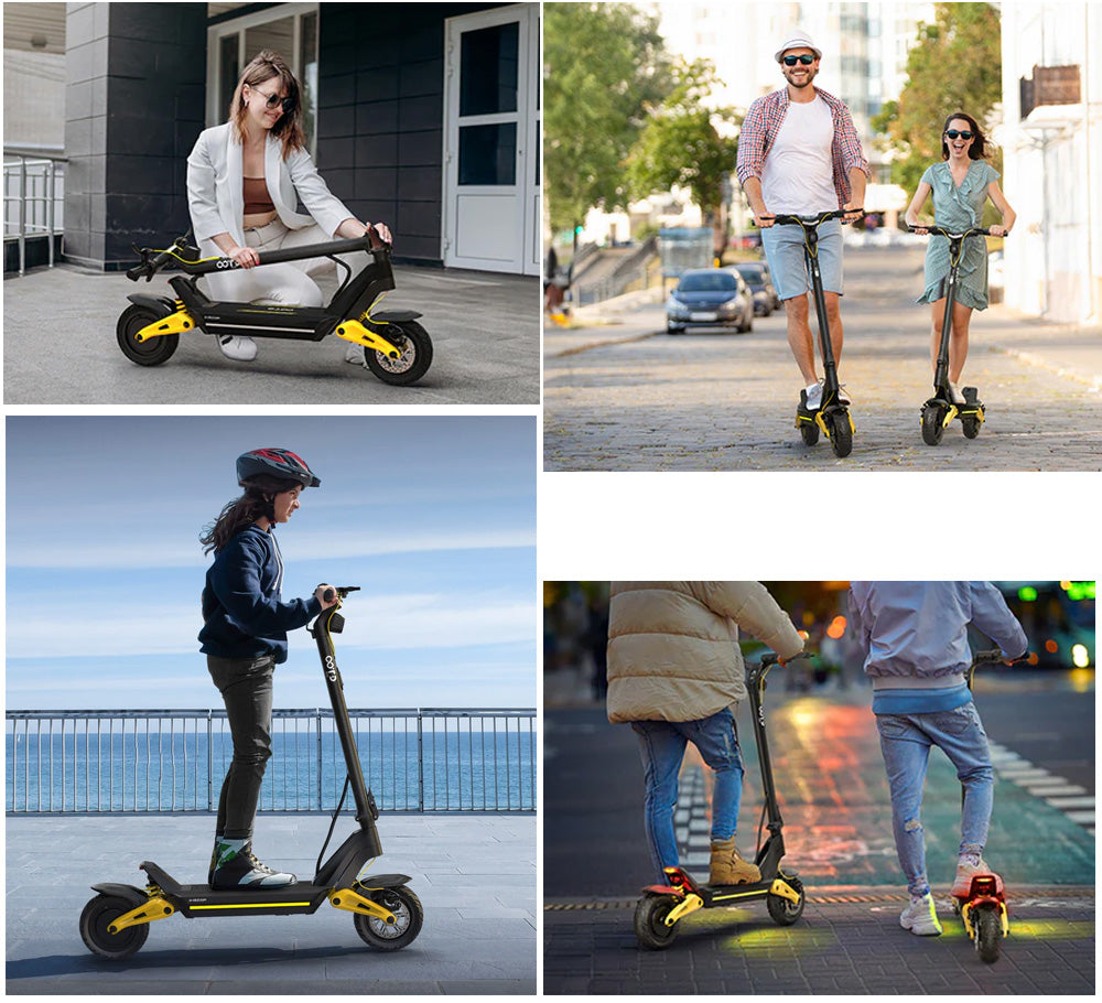 Skládací elektrická koloběžka OOTD S10, 10palcové pneumatiky, motor 1400 W, maximální rychlost 25 km/h, baterie 48 V 20 Ah, dojezd 60–70 km, maximální zatížení 120 kg, kotoučová brzda, tlumení nárazů, ochrana IPX4, aplikace - žlutá